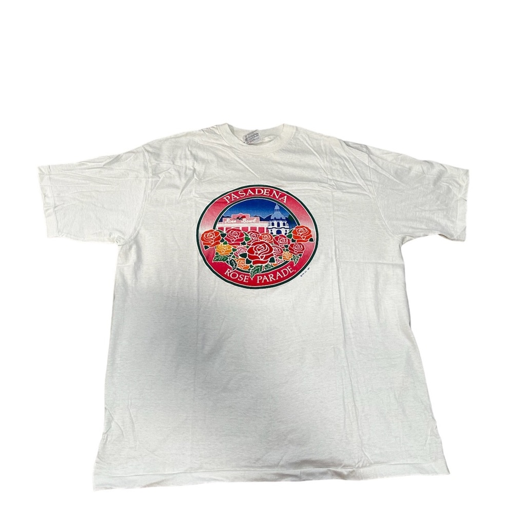 Vintage 1987 Pasadena Rose Bowl Parade Tshirt white XL raised logo Flower 🌹